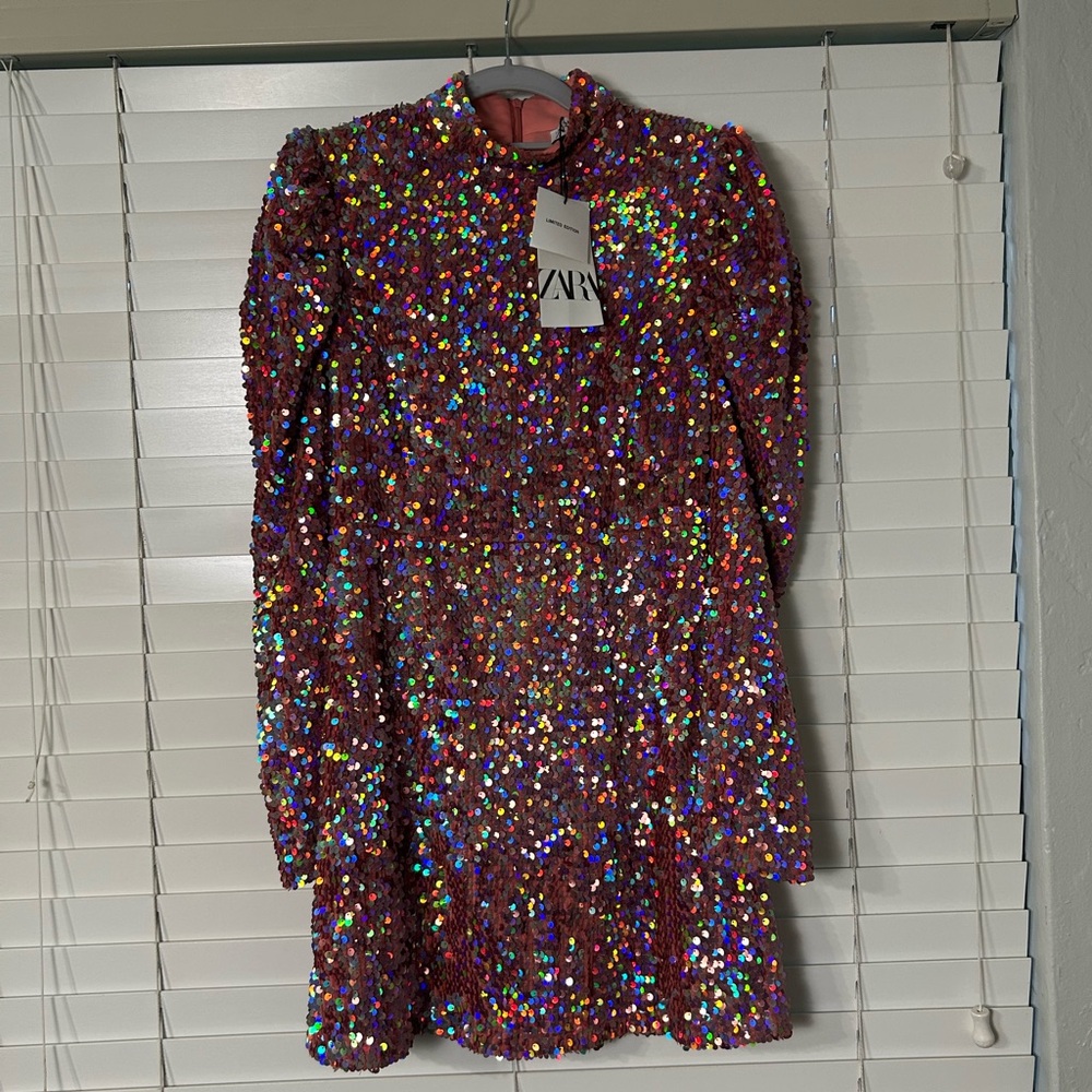 Zara Pink Sequin Long Sleeve Dress - Picture 3 of 8